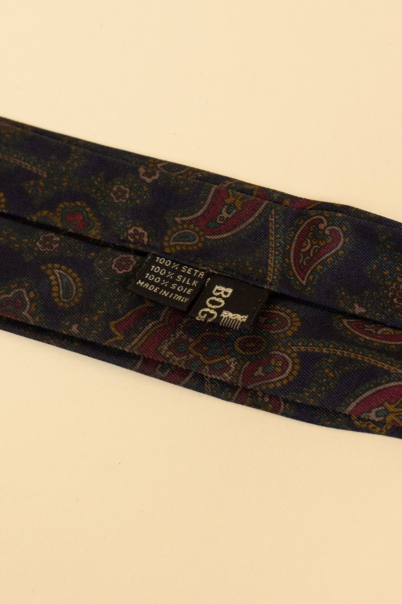 ITALIAN 100% SILK DARK BLUE ASCOT TIE WITH RED, GREEN AND YELLOW PAISLEY PATTERN