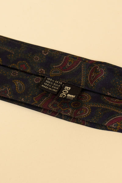 ITALIAN 100% SILK DARK BLUE ASCOT TIE WITH RED, GREEN AND YELLOW PAISLEY PATTERN