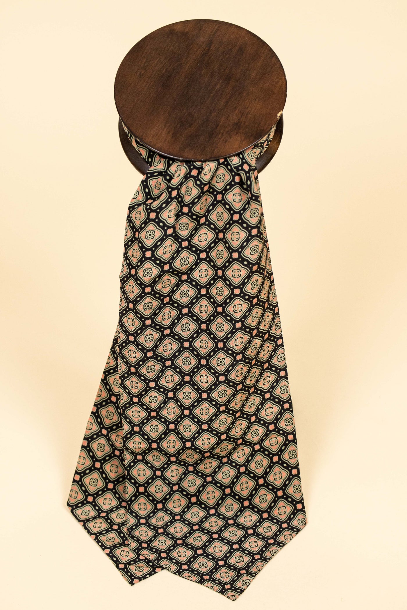 ITALIAN 100% SILK BLACK ASCOT TIE WITH PINK AND BEIGE PATTERN