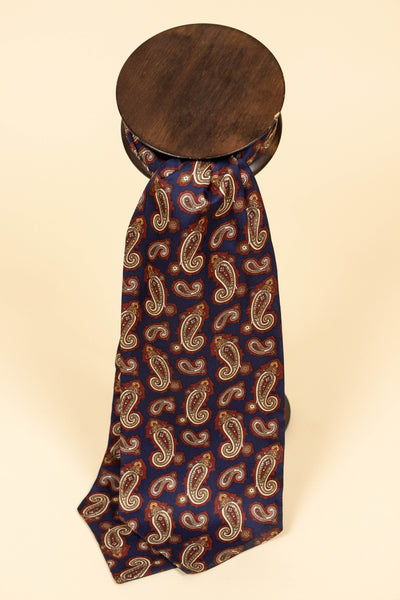 ITALIAN 100% SILK DARK BLUE ASCOT TIE WITH RED, WHITE, YELLOW AND BEIGE PAISLEY PATTERN
