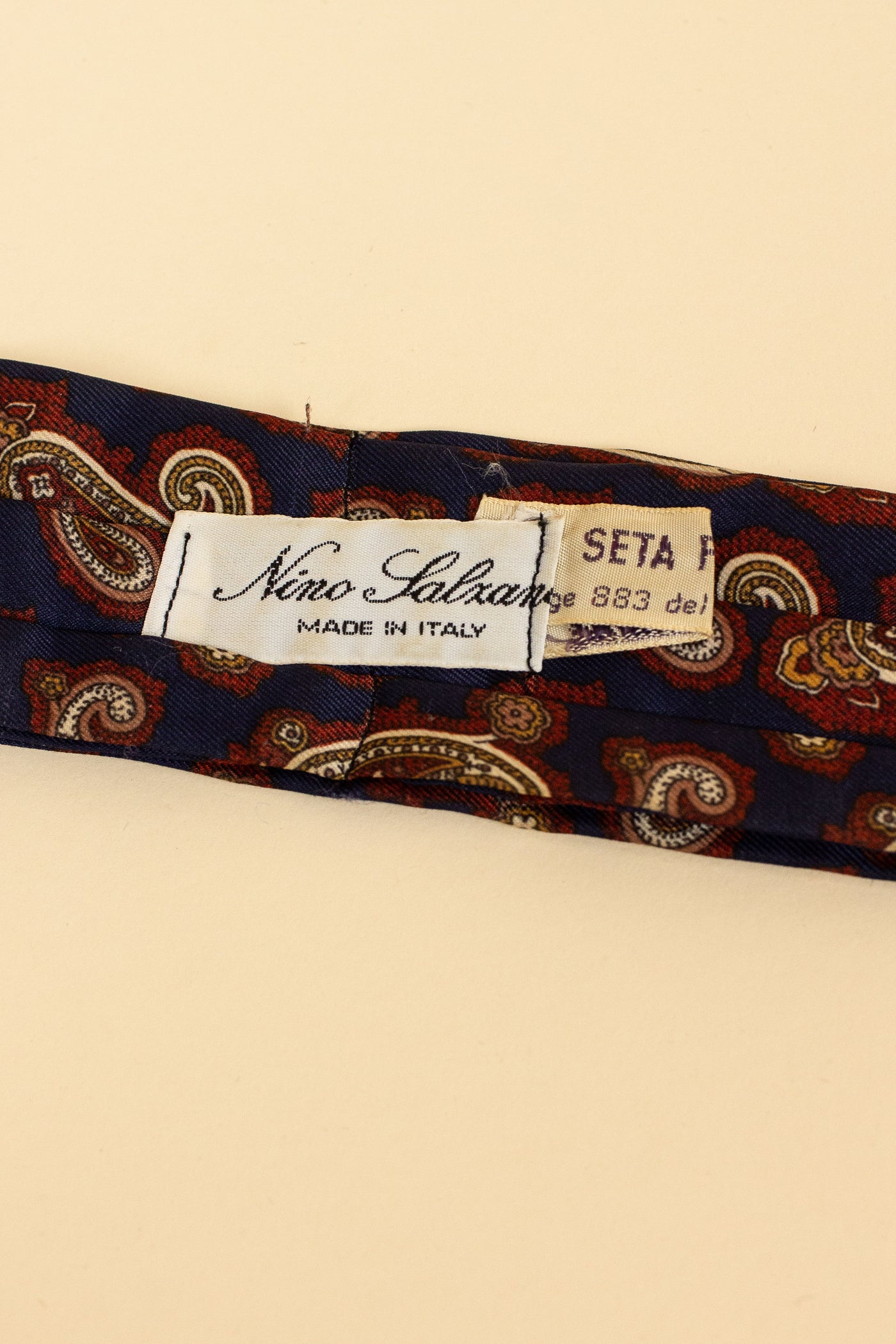 ITALIAN 100% SILK DARK BLUE ASCOT TIE WITH RED, WHITE, YELLOW AND BEIGE PAISLEY PATTERN
