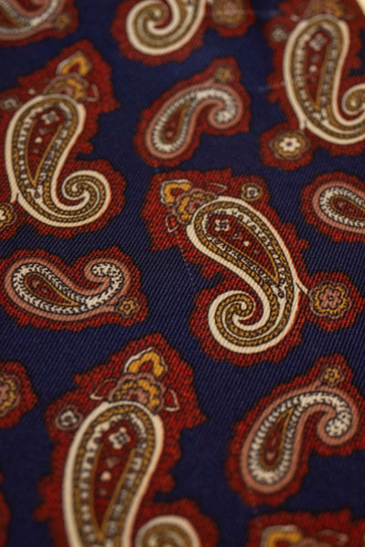 ITALIAN 100% SILK DARK BLUE ASCOT TIE WITH RED, WHITE, YELLOW AND BEIGE PAISLEY PATTERN