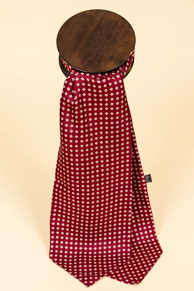 ITALIAN 100% SILK BURGUNDY ASCOT TIE WITH SYMMETRICAL CREAM PATTERN