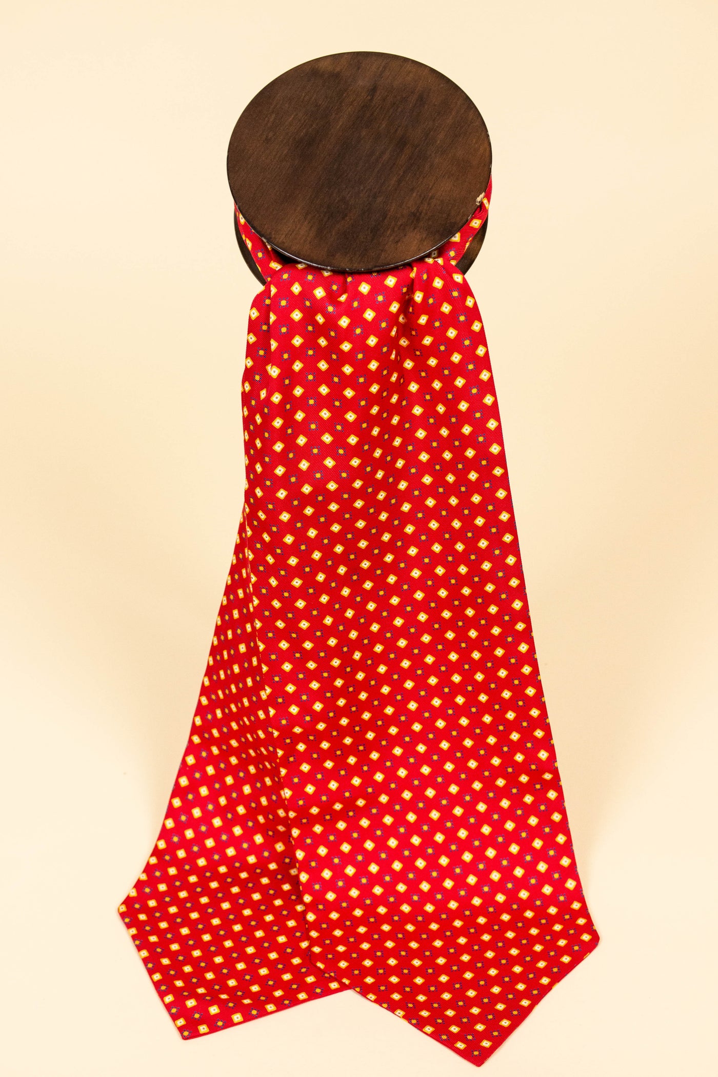 ITALIAN 100% SILK RED ASCOT TIE WITH YELLOW, WHITE AND BLUE PATTERN