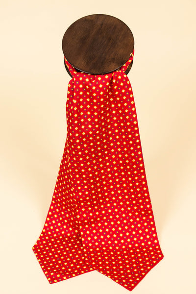 ITALIAN 100% SILK RED ASCOT TIE WITH YELLOW, WHITE AND BLUE PATTERN
