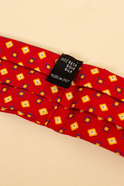 ITALIAN 100% SILK RED ASCOT TIE WITH YELLOW, WHITE AND BLUE PATTERN