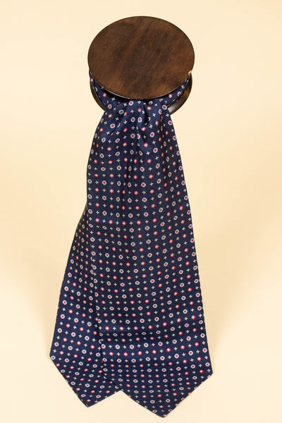 ITALIAN 100% SILK DARK BLUE ASCOT TIE WITH RED, YELLOW, LIGHT BLUE AND WHITE PATTERN