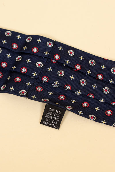 ITALIAN 100% SILK DARK BLUE ASCOT TIE WITH RED, YELLOW, LIGHT BLUE AND WHITE PATTERN