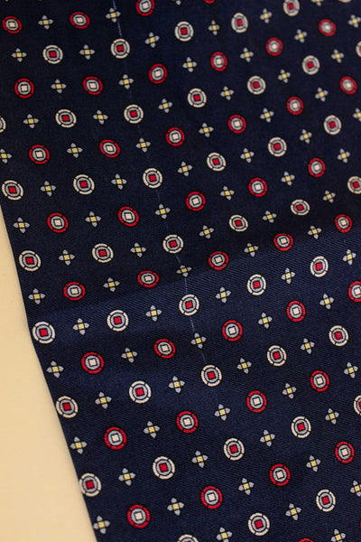 ITALIAN 100% SILK DARK BLUE ASCOT TIE WITH RED, YELLOW, LIGHT BLUE AND WHITE PATTERN