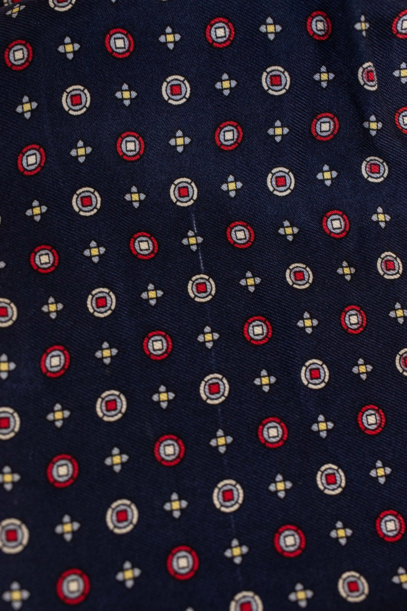 ITALIAN 100% SILK DARK BLUE ASCOT TIE WITH RED, YELLOW, LIGHT BLUE AND WHITE PATTERN