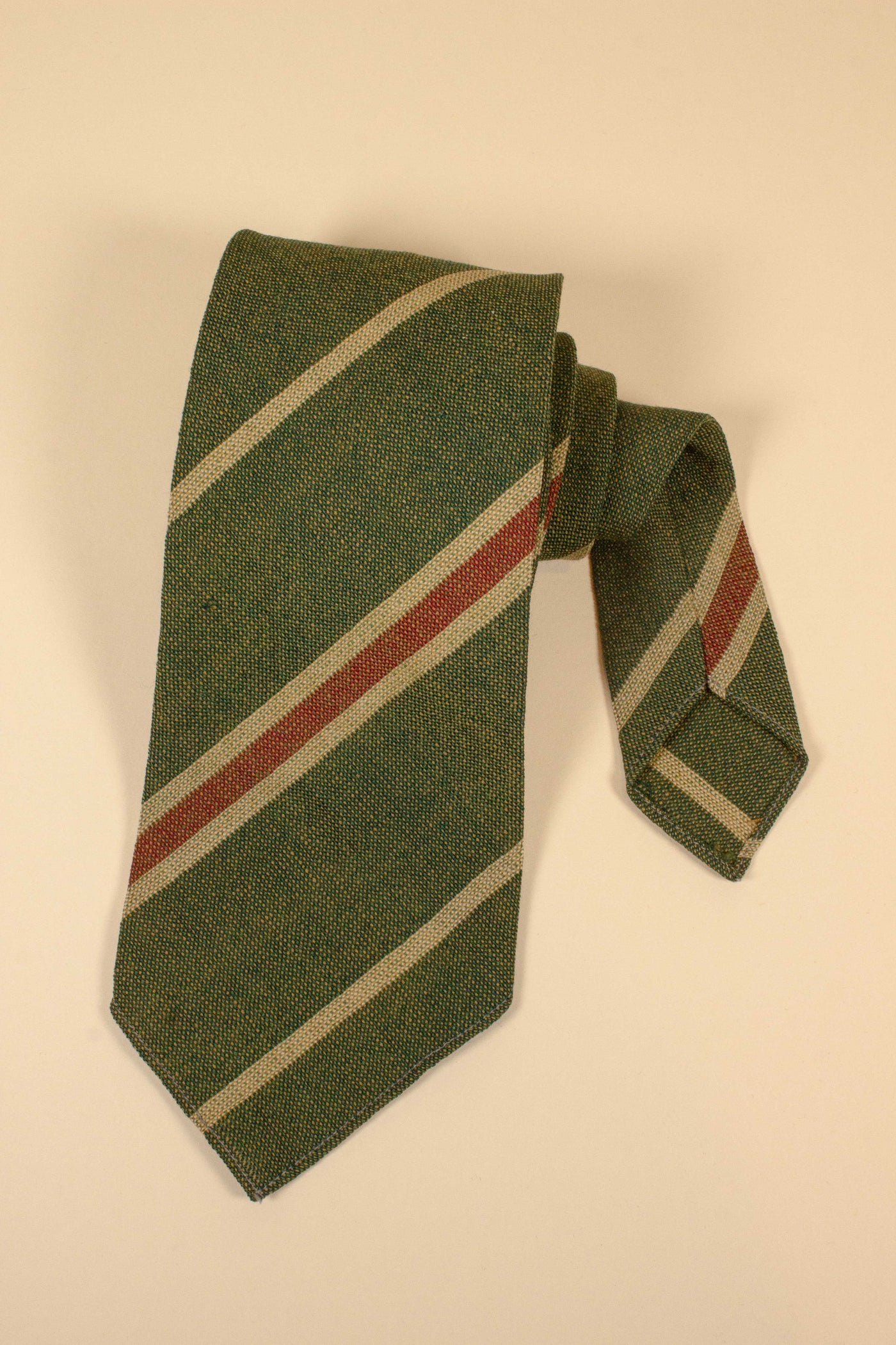 1960S MOSS GREEN WOOL TIE WITH RUST AND BEIGE STRIPES