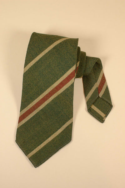 1960S MOSS GREEN WOOL TIE WITH RUST AND BEIGE STRIPES