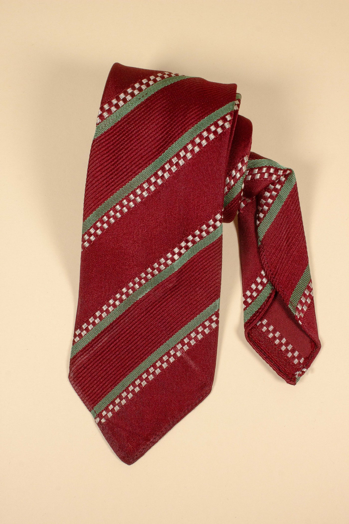 SWEDISH 1930S/1940S RED TIE WITH WHITE DOTS AND GREEN STRIPES