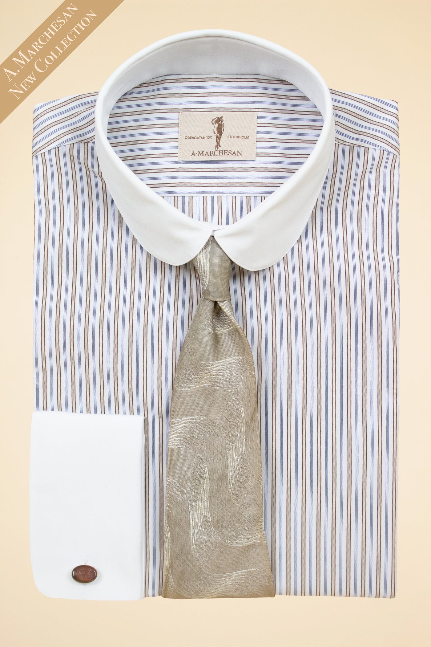 A. MARCHESAN STRIPED SHIRT WITH WHITE "LIGNANO" CLUB COLLAR AND WHITE FRENCH CUFFS