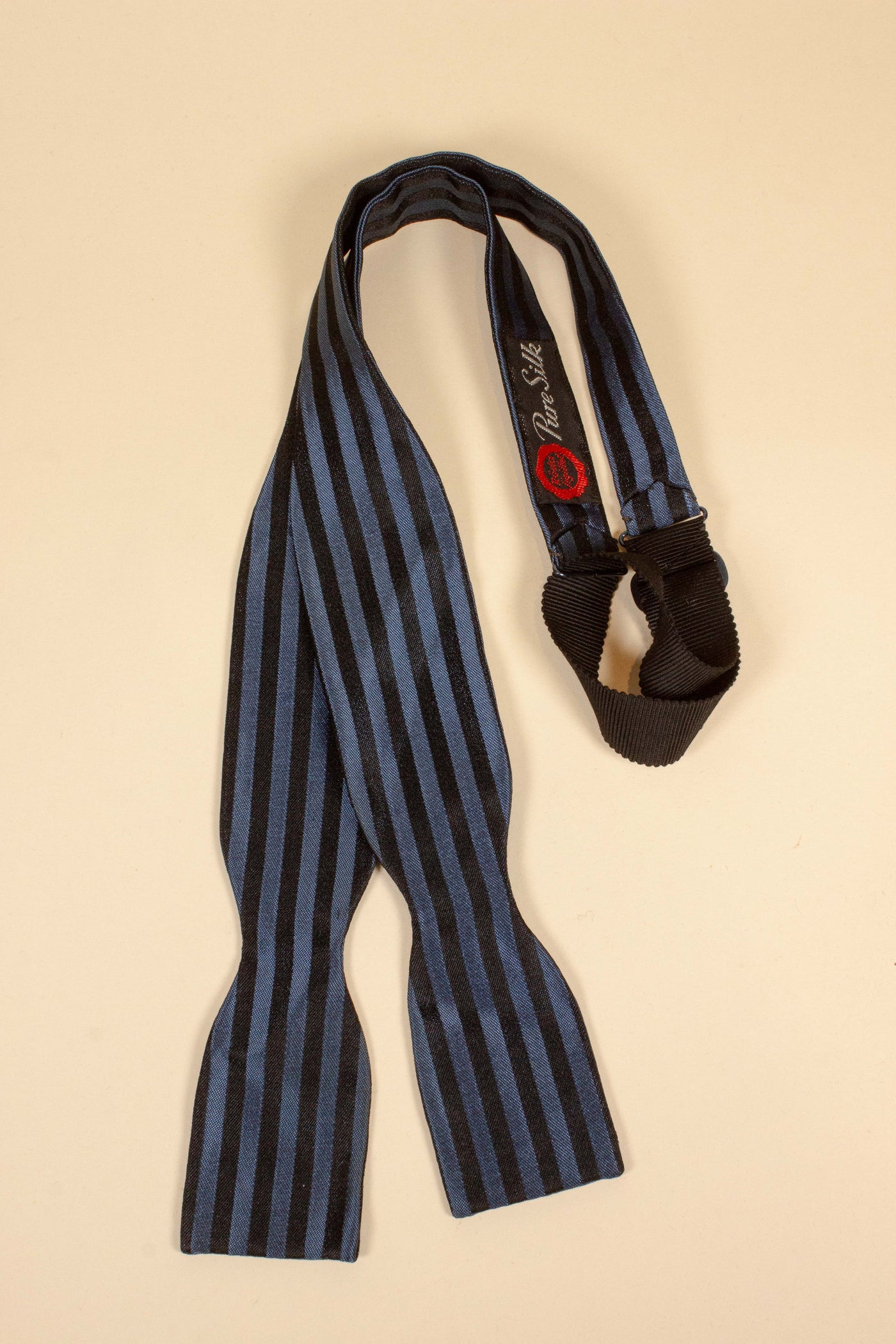 1950s/1960s blue silk bow tie with black stripes