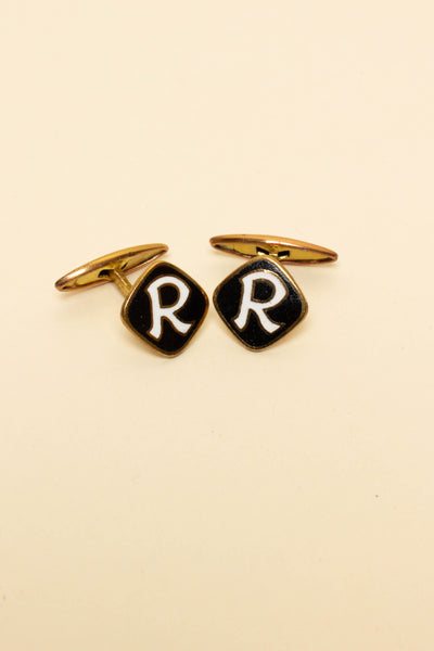1930S DEADSTOCK ENAMELED BRASS CUFFLINKS WITH VARIOUS LETTERS